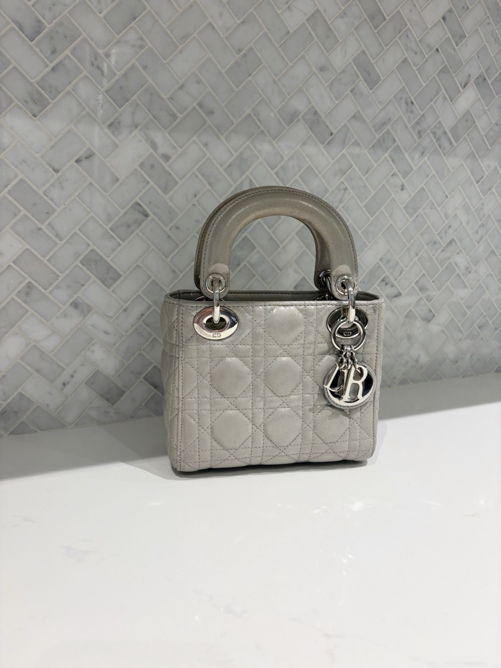 DIOR Mini Cannage Lady Dior Bag • Iridescent Pearl Grey Leather Chain Strap